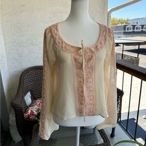 Boho Chic Ivory Blouse with Long Sleeve Pink Geometric Embroidery - Size Small